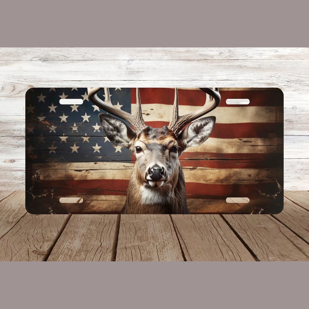 Deer Hunting American Flag Car Aluminum License Plate Auto Tag 6" x 12"